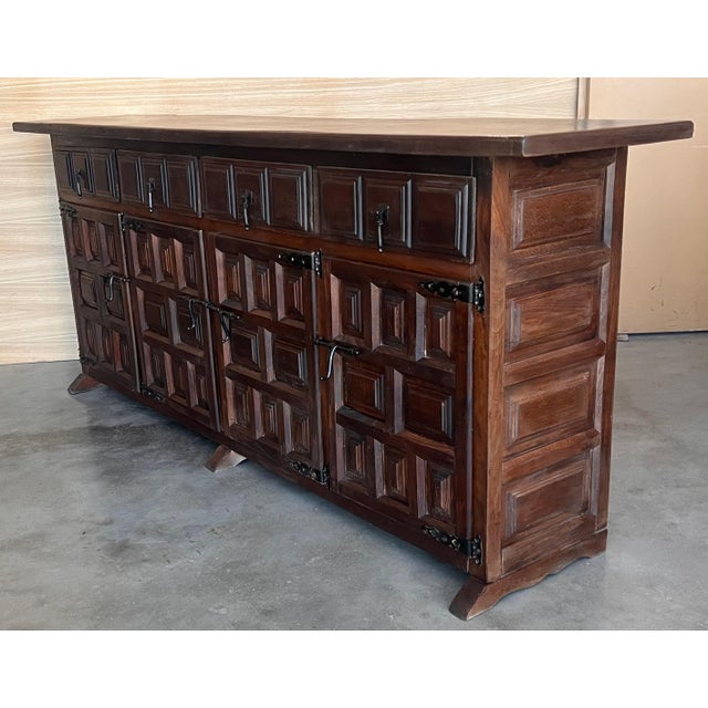 19th Century Large Catalan Spanish Baroque Walnut Tuscan Credenza or Buffet For Sale - Image 11 of 18