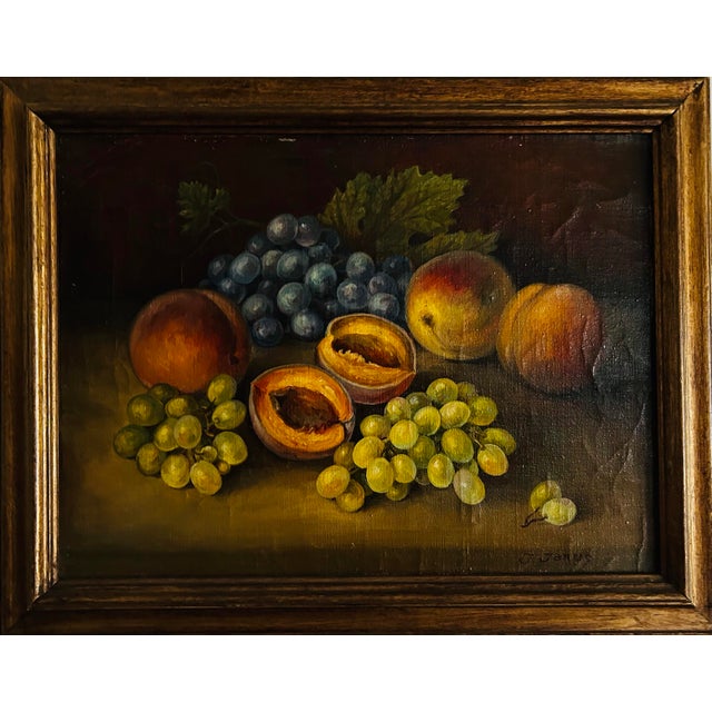 Realism 1940s Still Life Oil Painting on Linen of Peaches and Grapes in Gold Frame For Sale - Image 3 of 8