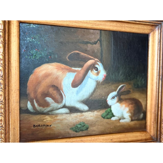20th century oil painting on canvas by an artist named Borofsky. The painting depicts a single brown and white rabbit...