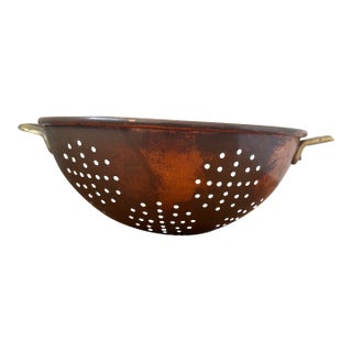 Vintage French Country Copper Colander Strainer With Sculptural Brass Handles For Sale
