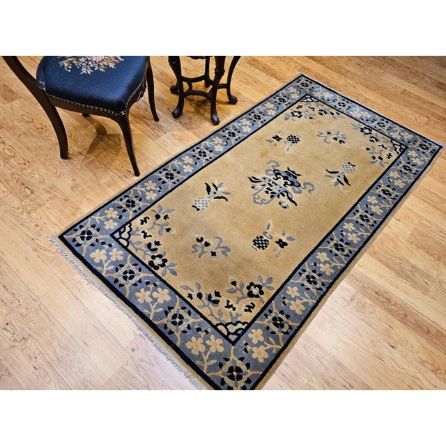 Vintage Chinese Art Deco Rug, Hand-Knotted Wool, Tan & Blue, 1900s For Sale - Image 4 of 12