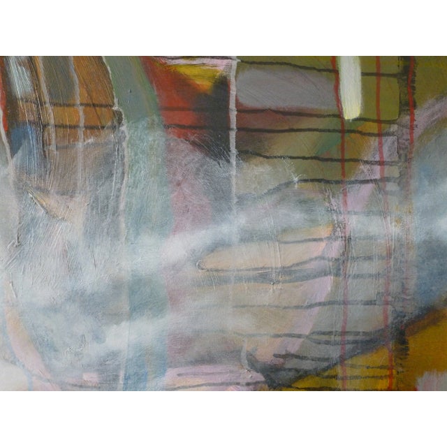 Fog or mist rolls in over a waterfall in a Technicolor landscape. Original oil and acrylic painting on stretched canvas.