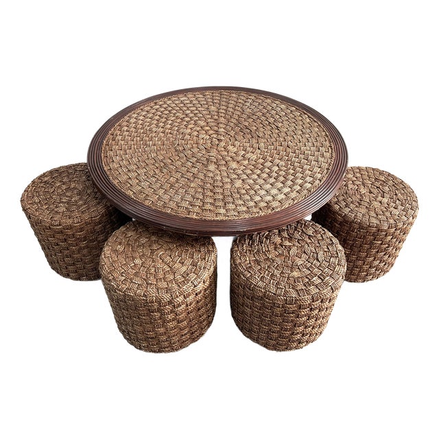 Rattan and Woven Cane Coffee Table and Stools in the style of Audoux Minet, France, 1950s, Set of 5 For Sale
