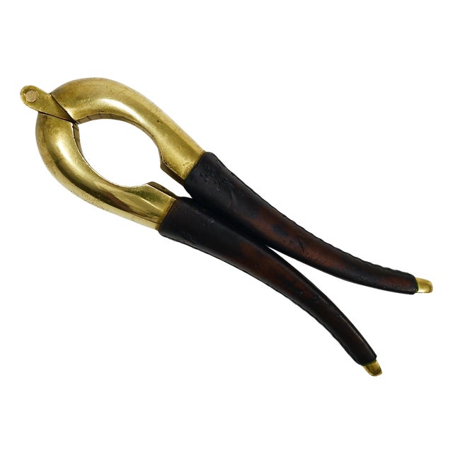 Carl Aubock Vienna Signed Vintage Brass & Leather Nutcracker, Austria, 1950s attributed to Carl Auböck For Sale