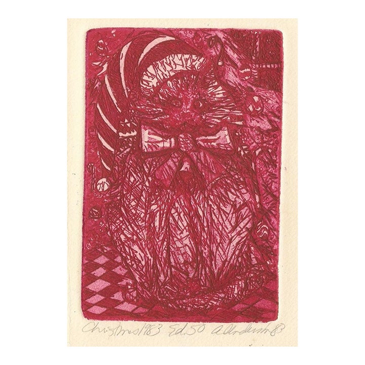 1983 Christmas Cat Color Etching by Adrienne Anderson | Chairish