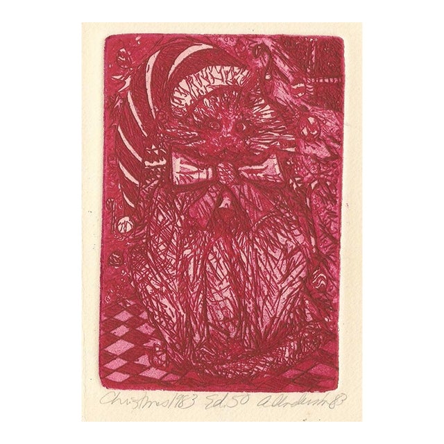 1983 Christmas Cat Color Etching by Adrienne Anderson For Sale