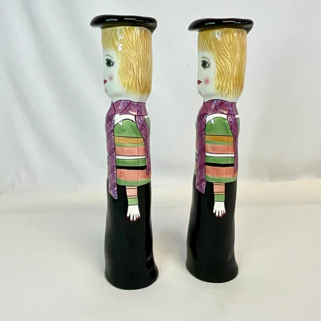 Ceramic 1990s Vintage Boho Chic French Hand Painted Women Candle Holders - A Pair For Sale - Image 7 of 8