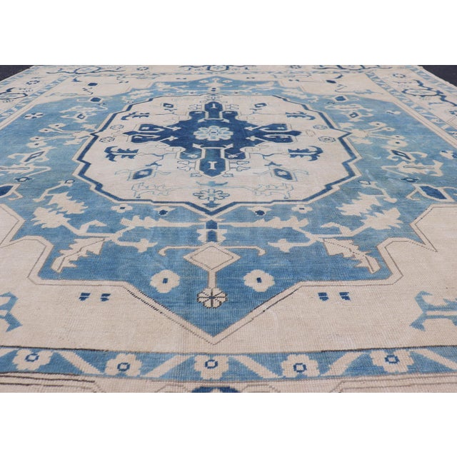 Blue Vintage Turkish Oushak Rug With Dark and Light Blue in Medallion Design For Sale - Image 8 of 12