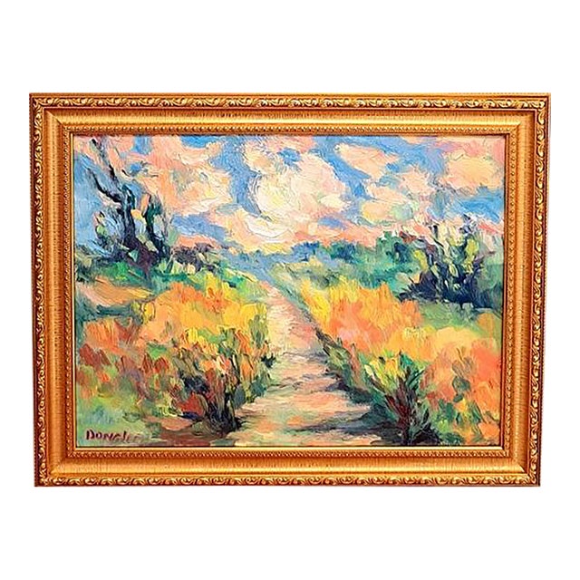 Oil Painting Colorful Path Trees Clouds Original Landscape For Sale