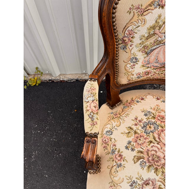 Wood Early 20th Century French Walnut Needlepoint Arm Chairs- A Pair For Sale - Image 7 of 12