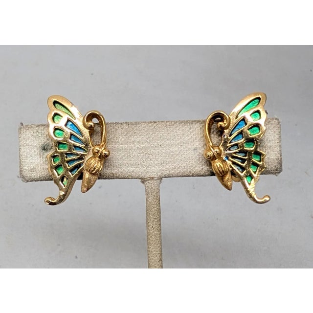Vintage Signed Napier Goldtone Green & Blue Enamel Butterfly Clip Earrings- 2 Pieces For Sale - Image 9 of 14