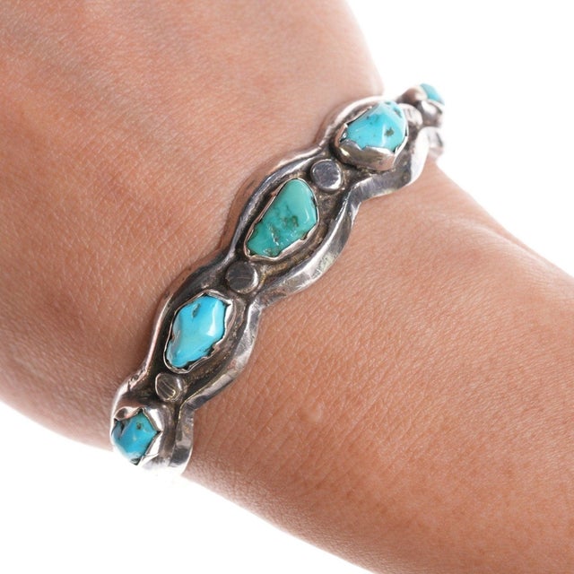 6 5/8" Vintage Zuni Cast silver and turquoise bracelet, unmarked 18mm wide. All precious metals are tested, any Native...