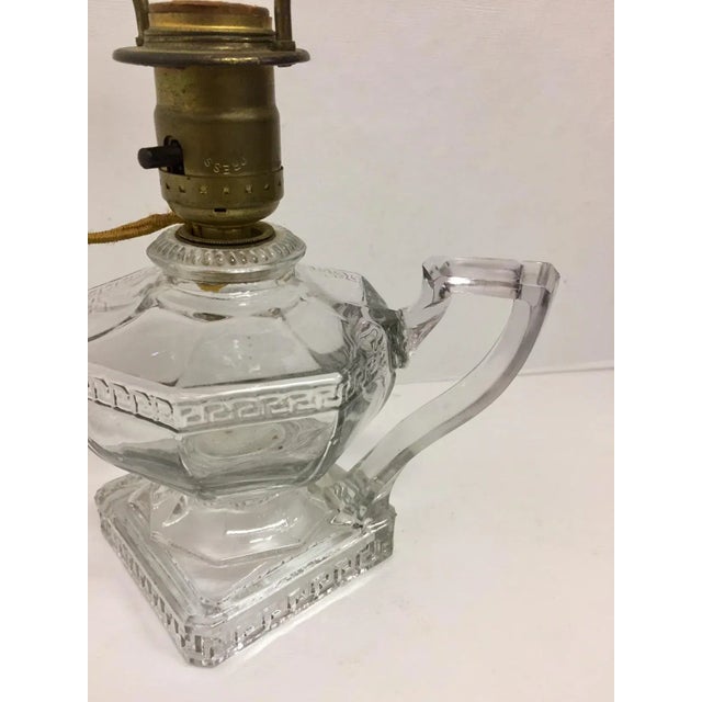 1960s Antique Greek Key Pressed Glass Electrified Oil Lamp For Sale - Image 5 of 12