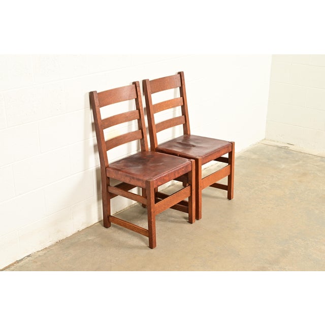 Mission L. & J. G. Stickley Antique Mission Oak Arts & Crafts Ladder Back Side Chairs or Dining Chairs | Pair For Sale - Image 3 of 17