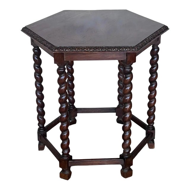 Antique Hexagonal Side or Center Walnut Table With Six Carved Legs For Sale