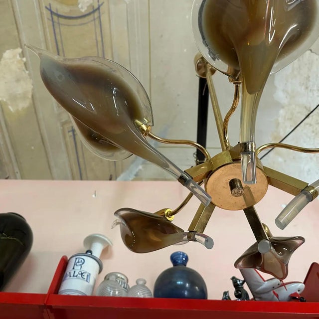 Mid-Century Modern 1970s Mid-Century Modern Brown Murano Glass and Brass Chandelier by Franco Luce For Sale - Image 3 of 11