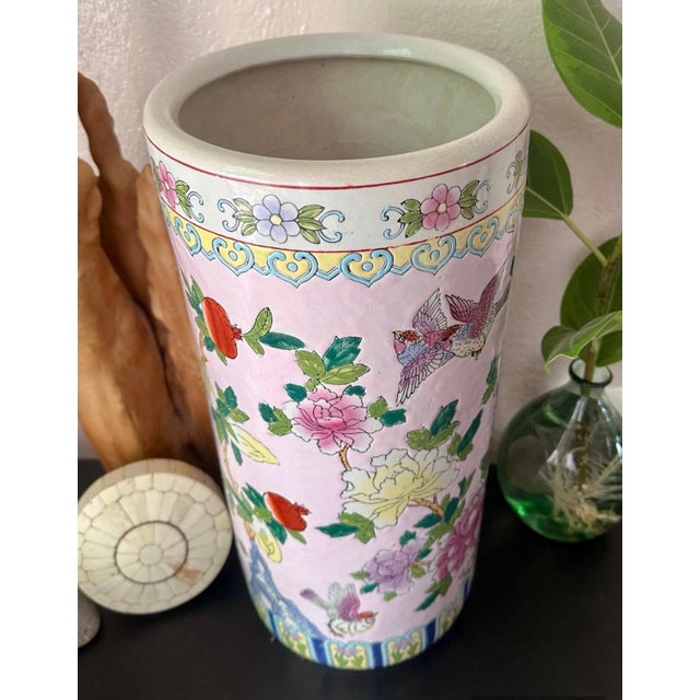 Chinoiserie Mid-Century Pink Chinoiserie Hand Painted Floral and Bird Motif Umbrella Stand For Sale - Image 3 of 12