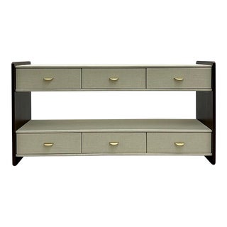 Linen Wrapped Sideboard / Console Table, Tv Console, Walnut, Brass, American For Sale