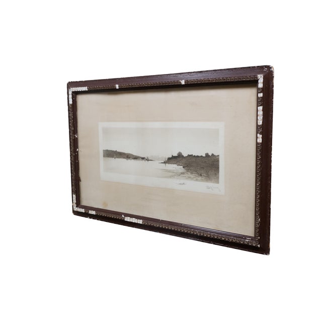 Antique late 19th century black and white panoramic etching by Edward Loyal Fields. Landscape / seascape showing mills,...