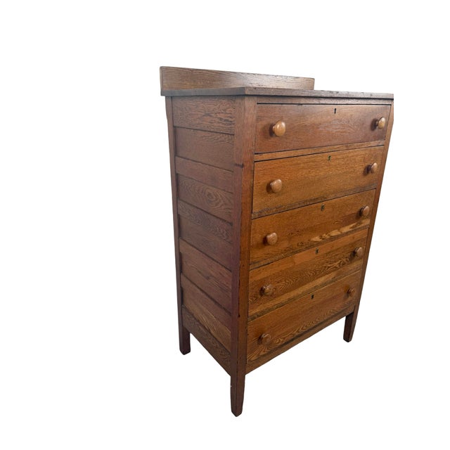 Early 20th Century Early 20th Century Oak Five-Drawer Tall Chest of Drawers For Sale - Image 5 of 17