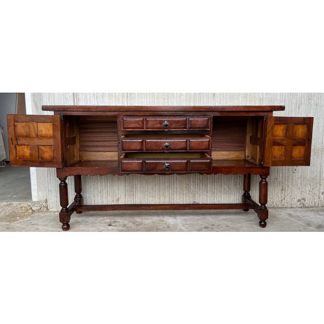 Spanish Buffet With Two Doors and Three Drawers With Original Hardware For Sale - Image 9 of 11