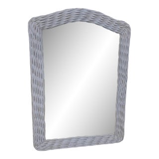 White Woven Rattan Wall Mirror Rustic Coastal Farmhouse Decor For Sale