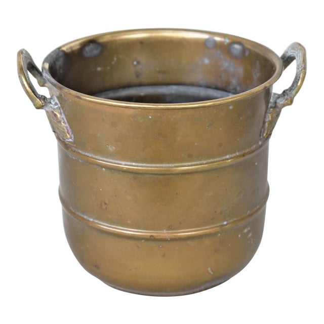 Vintage Brass Cachepot with Leaf Handles For Sale