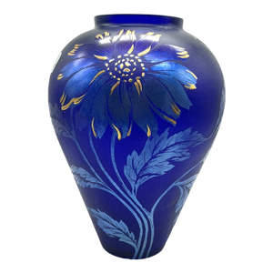 Vintage MCM Fenton Favrene Iridescent Cobalt Blue Gold Flower Art Glass Vase