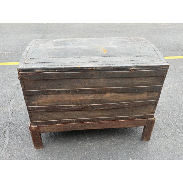 17th Century 17th Century Leather Bound Wedding Chest Coffee on Stand For Sale - Image 5 of 12