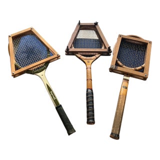 Vintage Trio of Spalding and Slazenger Wooden Tennis Rackets With Guards For Sale