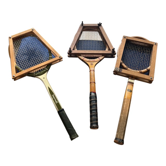 Vintage Trio of Spalding and Slazenger Wooden Tennis Rackets With Guards For Sale