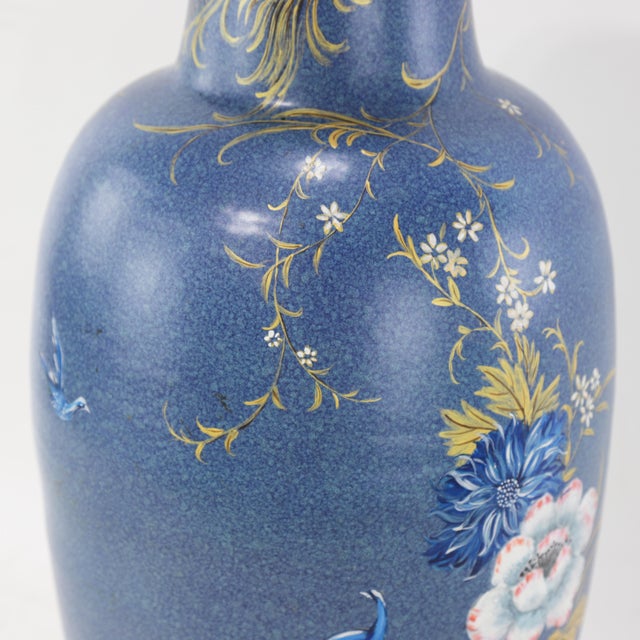 Vintage Hand-Painted Chinoiserie Vase With Blue Polychrome Flowers and Gilt Bird For Sale - Image 13 of 14