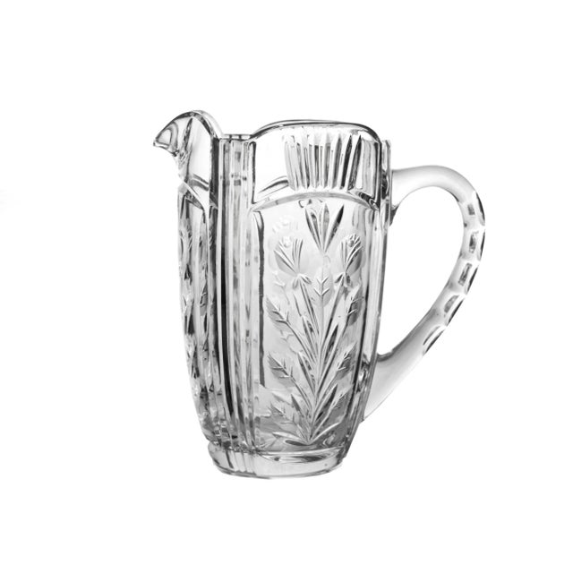 Vintage Cut Etched Floral Design Clear Crystal Glass Pitcher For Sale - Image 6 of 6