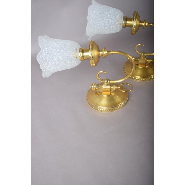 1950s Brass Wall Sconces with Frosted Textured Tulip Glass Shades, 1950s, Set of 2 For Sale - Image 5 of 15