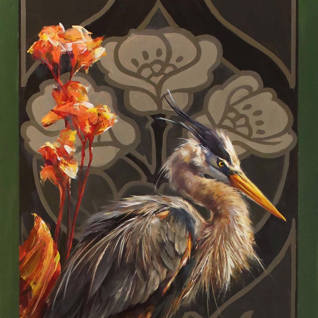 Apricity features a striking diptych that juxtaposes two herons against vibrant floral backgrounds, each panel showcasing...