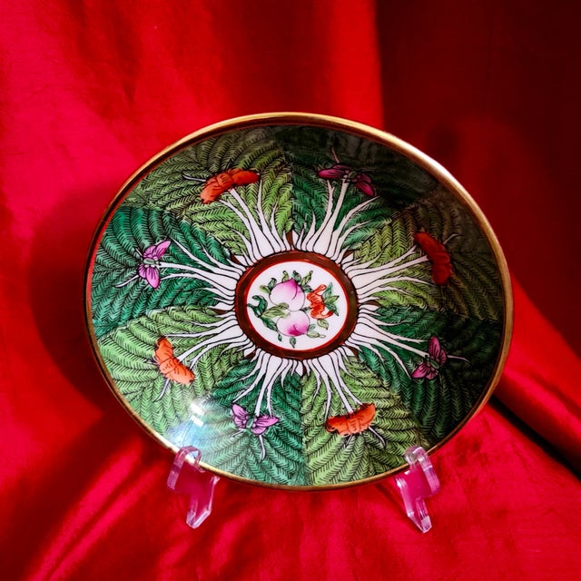 Final Clearance Horchow Neiman Marcus Brass Emerald Green Cabbage Butterfly Famille Rose Dish 1970s For Sale - Image 11 of 18