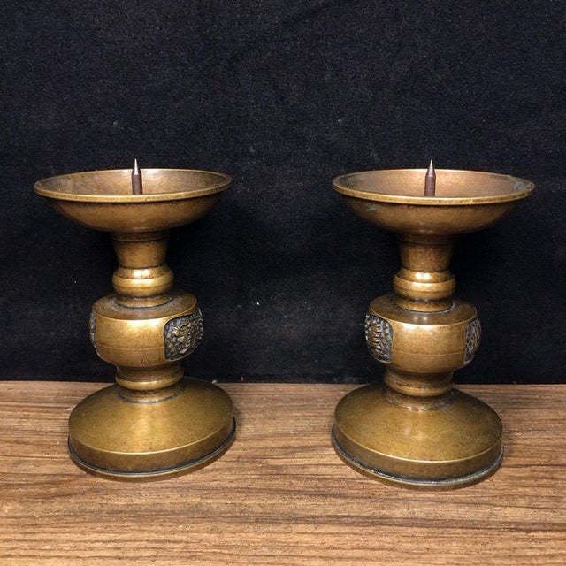 Brass Pair of Vintage Brass Altar Candlesticks With Calligraphy - Asian Candle Holders For Sale - Image 8 of 9