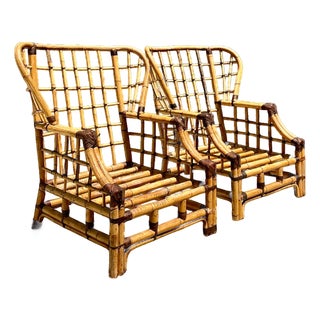 Vintage Grid Rattan High Back Chairs - Pair For Sale