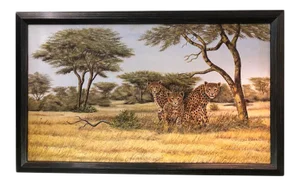 Mid 20th Century Oil Painting of Leopards in Kenya, Framed
