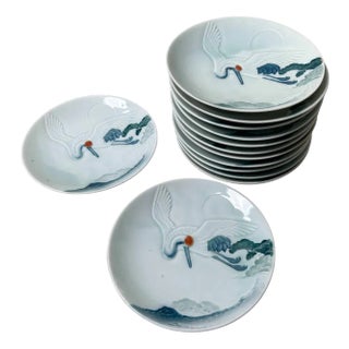 Japanese Porcelain Plates with Crane Decor, 1938, Set of 10 For Sale