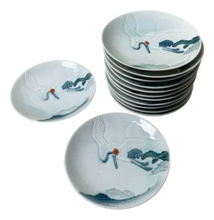 Japanese Porcelain Plates with Crane Decor, 1938, Set of 10