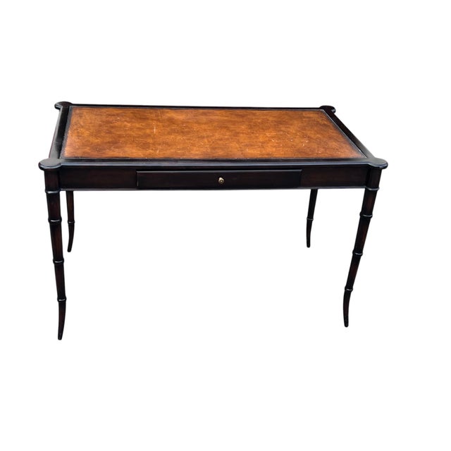 Hollywood Regency Late 20th Century Faux Bamboo Leather Top Writing Desk For Sale - Image 3 of 18