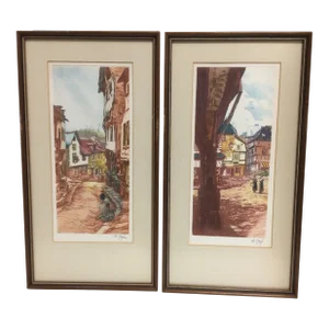 Le Garf Signed French Dinah Hand Colored Etchings - a Pair