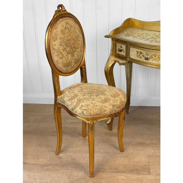 Mid 20th Century Vintage Italian Rococo Gold Giltwood Writing Desk Vanity W/ Chair For Sale - Image 5 of 14