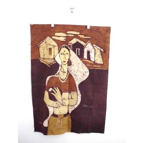 Indian Vintage Indian Fabric Art Wall Hanging Female Portrait India Batik Style Print For Sale - Image 3 of 5