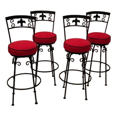 Hand Wrought Iron Fleur Di Lis Motif Bar Stools For Sale