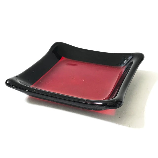 Red Late 20th Century Black and Red Iridescent Art Glass Square Trinket Dish Ashtray Signed K. Wade For Sale - Image 8 of 8