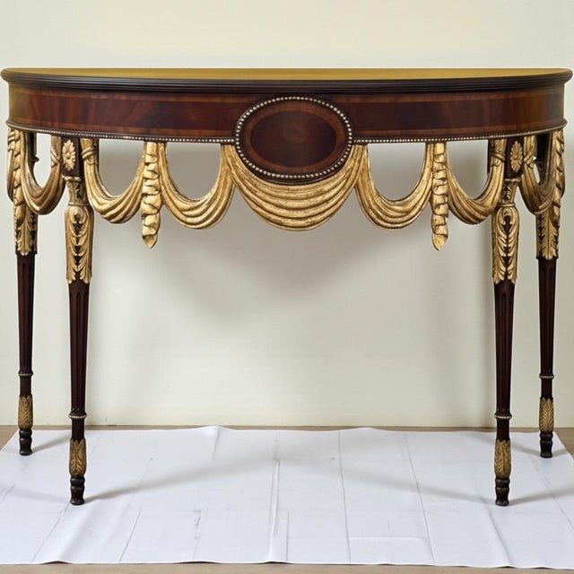 Traditional 20th-C. Georgian Style Inlaid Mahogany & Giltwood Demilune Console Table by Maitland-Smith For Sale - Image 3 of 7