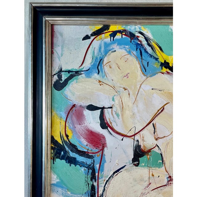 A wonderful, large, colorful, yet serene painting with gestural sweeping strokes by Dutch sculptor Nic Jonk. The acrylic...