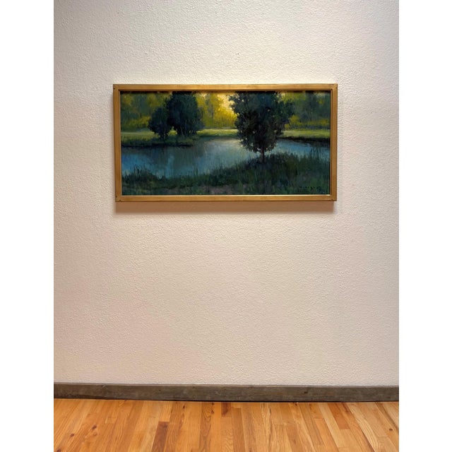Green and Gold by Seth Winegar | Oil on Board Landscape with Trees and Water Reflection For Sale - Image 4 of 4